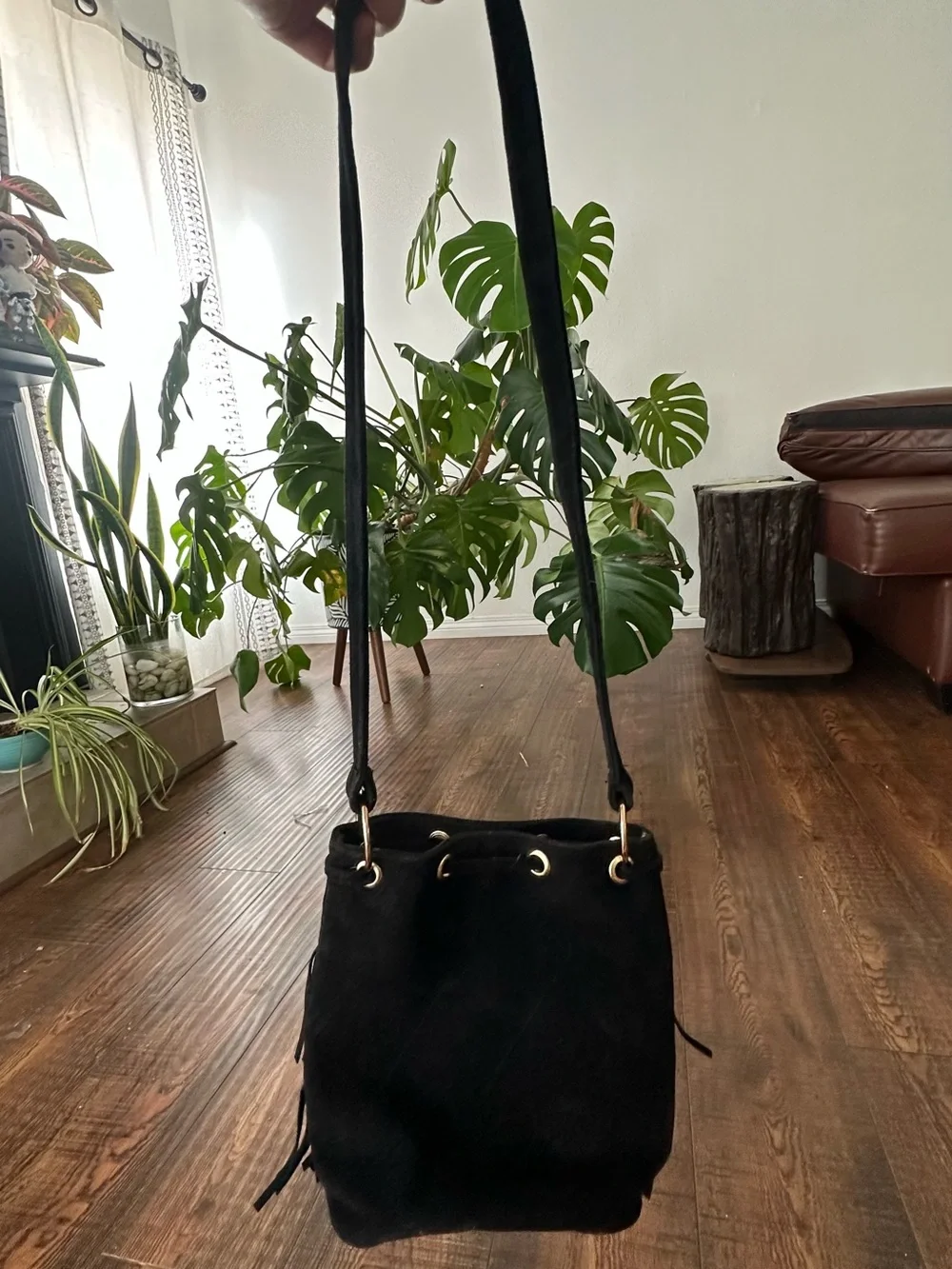 Vintage Black Suede Fringe Crossbody Bag